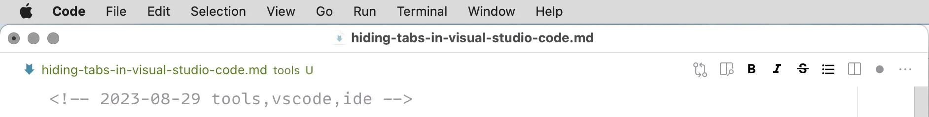 One long "tab" in Visual Studio Code