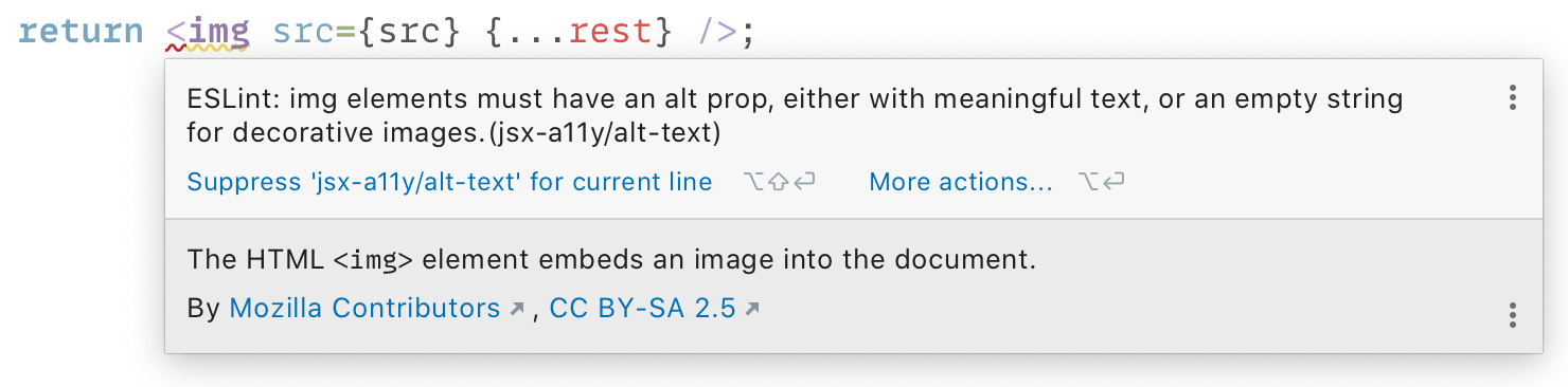 eslint-plugin-jsx-a11y reports a missing alt attribute on an image