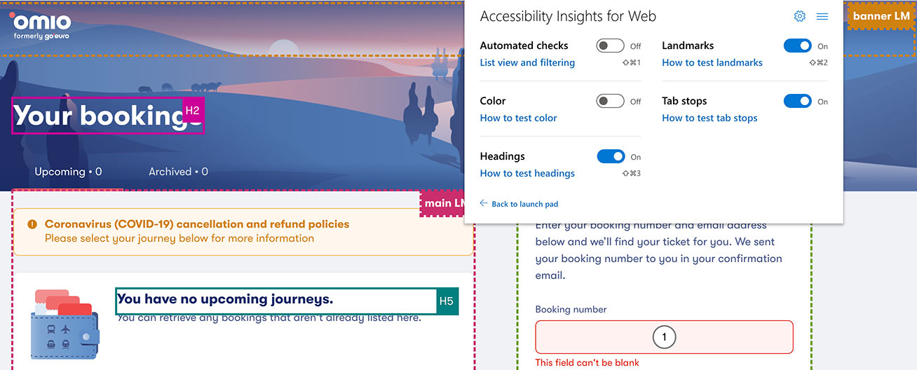 Accessibility Insights highlights highlight headings, landmark regions, and tab stops on a page