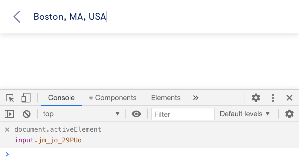 Using Chrome DevTools live expression to check which element is in focus